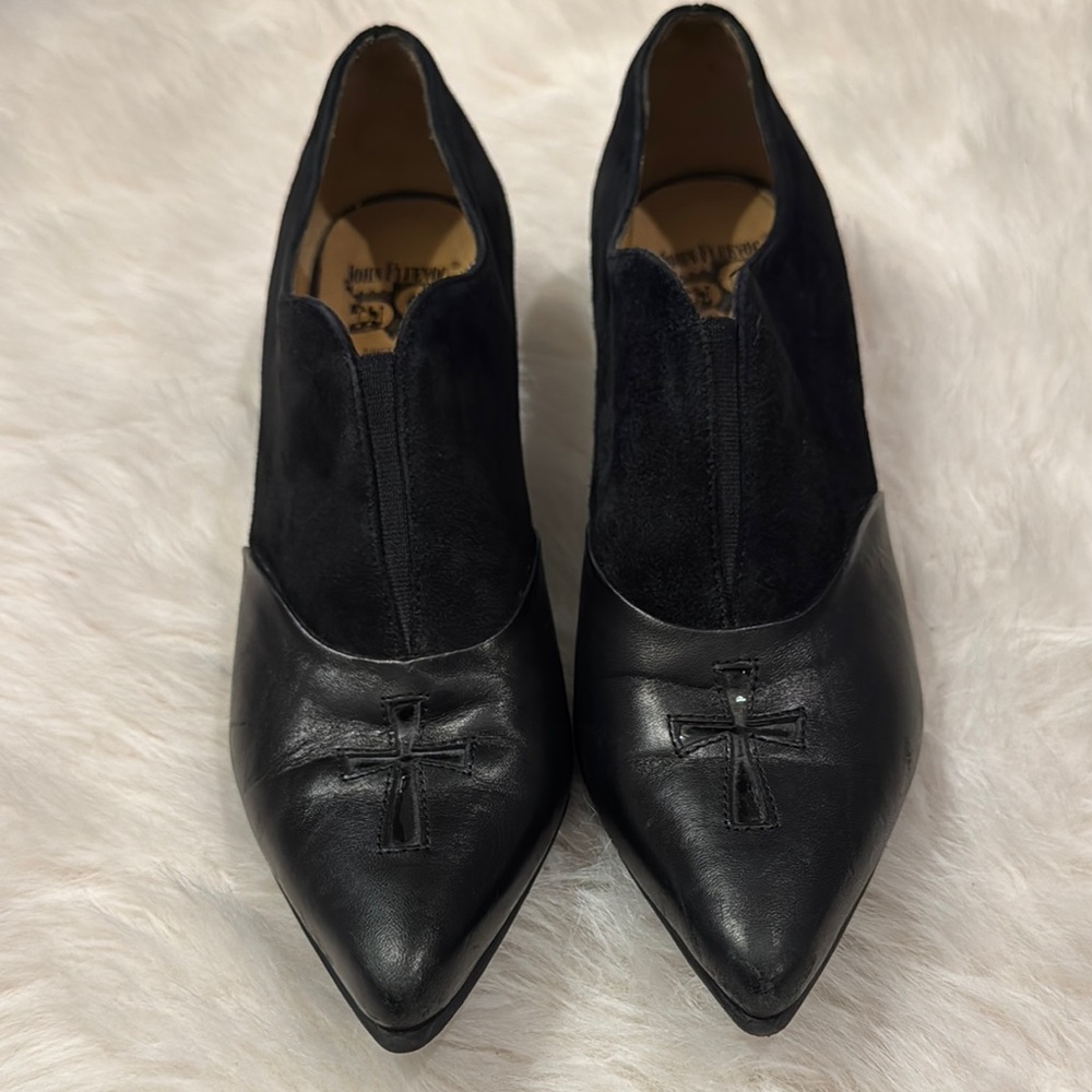 John Fluevog Black Cross Detail Heeled Boots - Picture 8 of 9